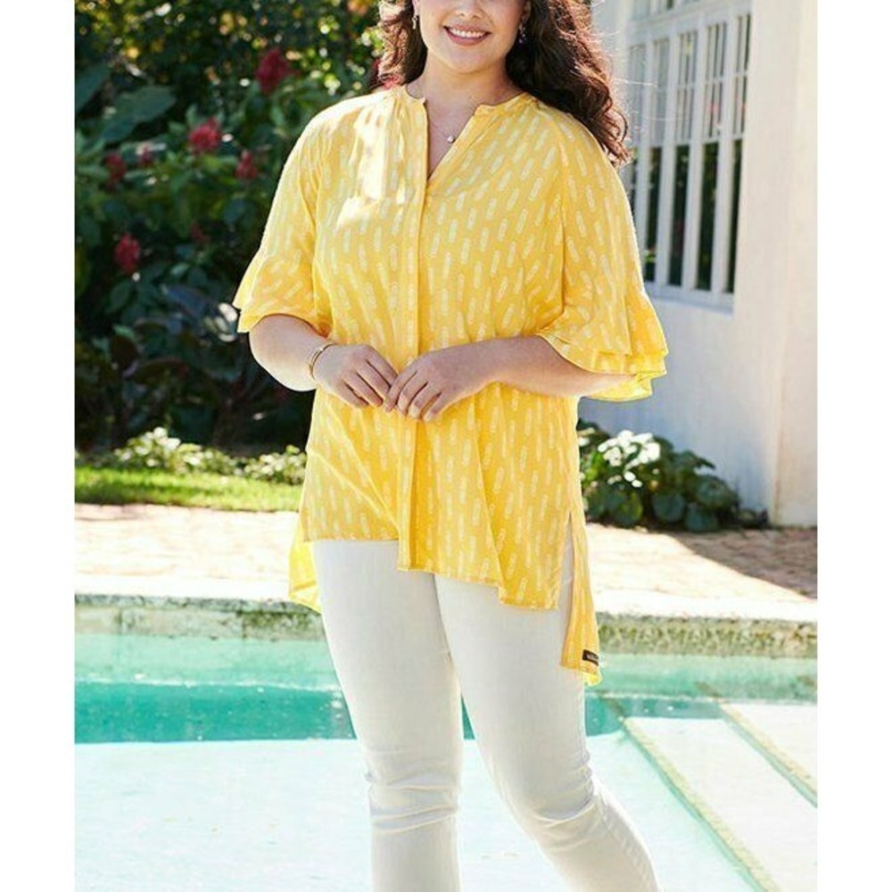 ✨2/$20 Matilda Jane Golden Hour Geometric Hi-Low Top Yellow Ruffle Blouse Small - Picture 6 of 6